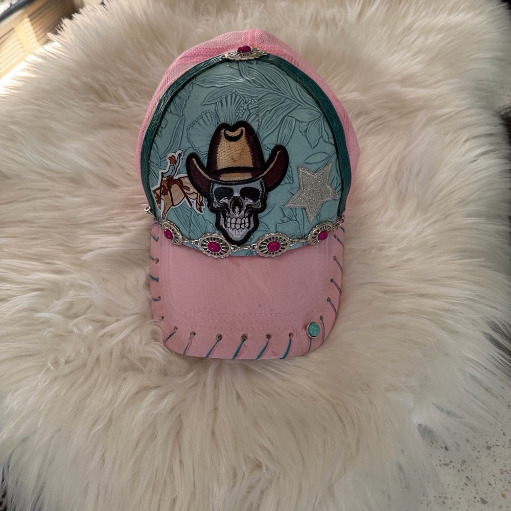 Pink & Turquoise Embellished Skull Cowboy Cap